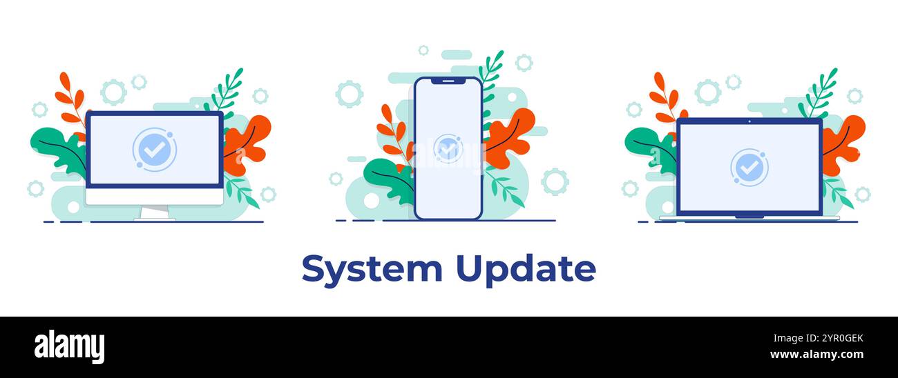 Aggiornamento software completato sullo schermo del computer desktop, del computer portatile e dello smartphone. Illustrazione vettoriale piatta per pagina di destinazione, interfaccia utente, app mobile Illustrazione Vettoriale