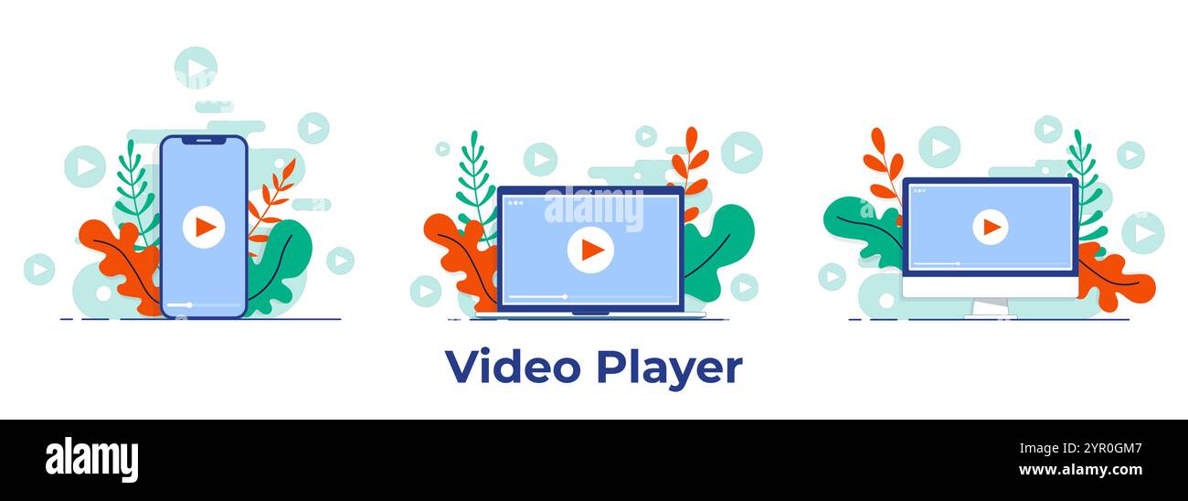 Schermo del lettore video su computer desktop, laptop, immagine piatta dello smartphone per pagina di destinazione, interfaccia utente, app mobile, istruzione o e-learning e video tut Illustrazione Vettoriale