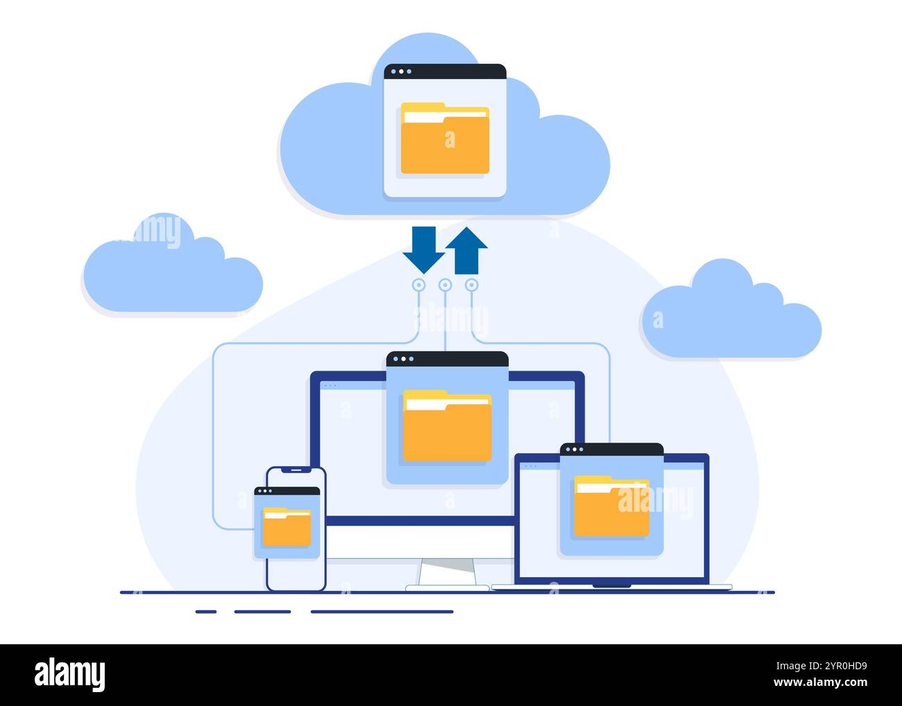 Concetto di cloud computing con monitor per computer, laptop e smartphone per l'elaborazione di dati e informazioni di upload e download, Cloud sto Illustrazione Vettoriale