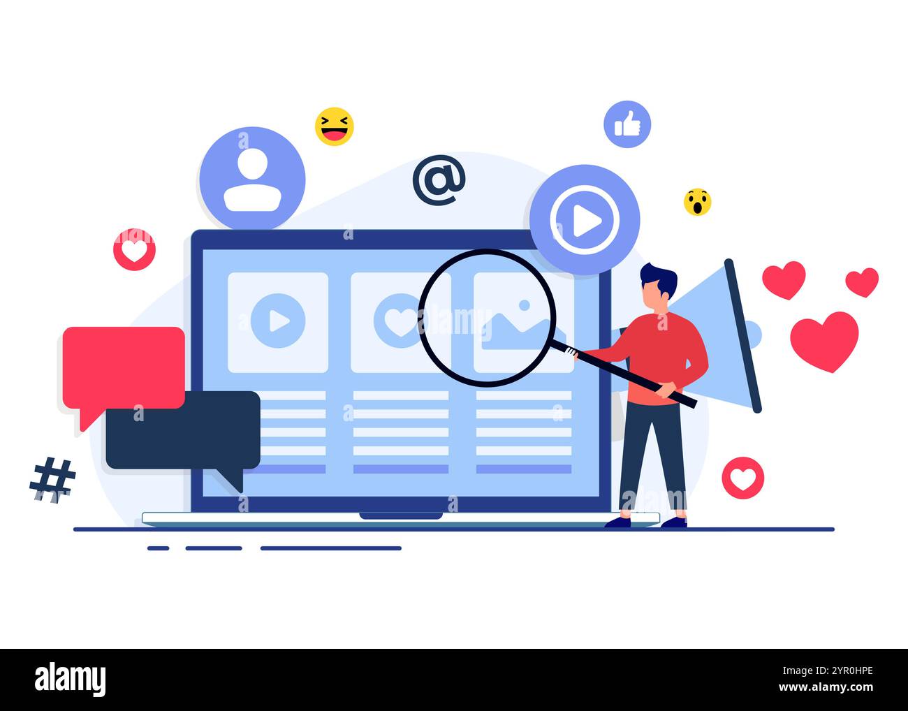 Illustrazione vettoriale del concetto di social media marketing per landing page, banner Web, applicazione mobile, banner, strategia per i contenuti aziendali, web desig Illustrazione Vettoriale