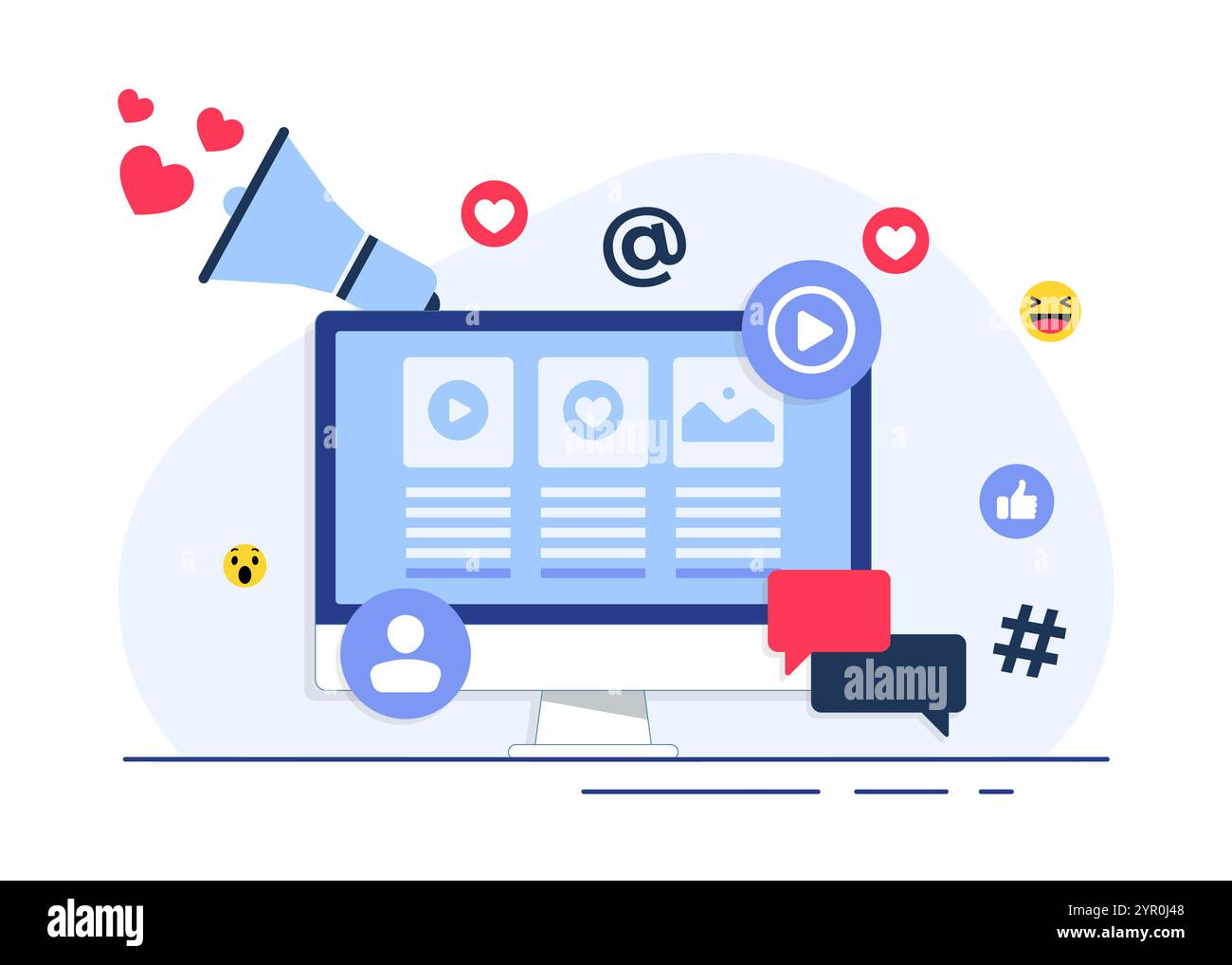 Illustrazione vettoriale del concetto di social media marketing per landing page, banner Web, applicazione mobile, banner, strategia per i contenuti aziendali, web desig Illustrazione Vettoriale