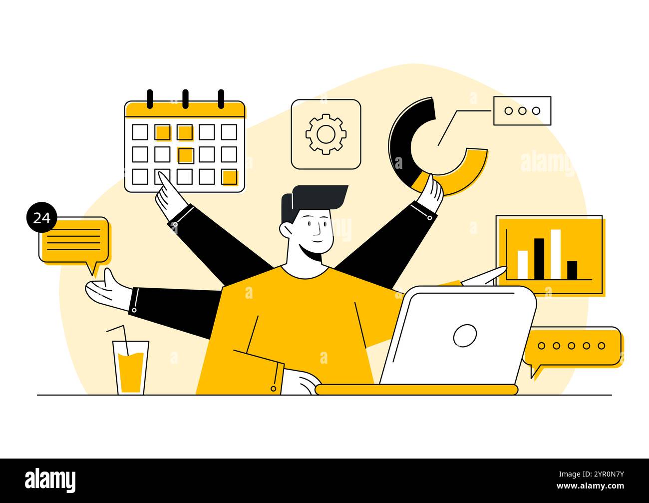 Concetto di illustrazione piatta per le persone aziendali in multitasking, scadenza, uomo in ufficio con molto lavoro, dipendente stressato sul posto di lavoro, attività multitasking Illustrazione Vettoriale Concetto di illustrazione piatta per le persone aziendali in multitasking, scadenza, uomo in ufficio con molto lavoro, dipendente stressato sul posto di lavoro, attività multitasking Illustrazione Vettoriale