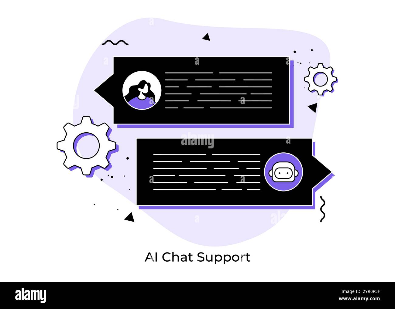 Robot chatbot che fornisce assistenza online, assistente virtuale Chatbot tramite messaggistica, robot di intelligenza artificiale che risponde alle domande, supporto IT robot, Illustrazione Vettoriale