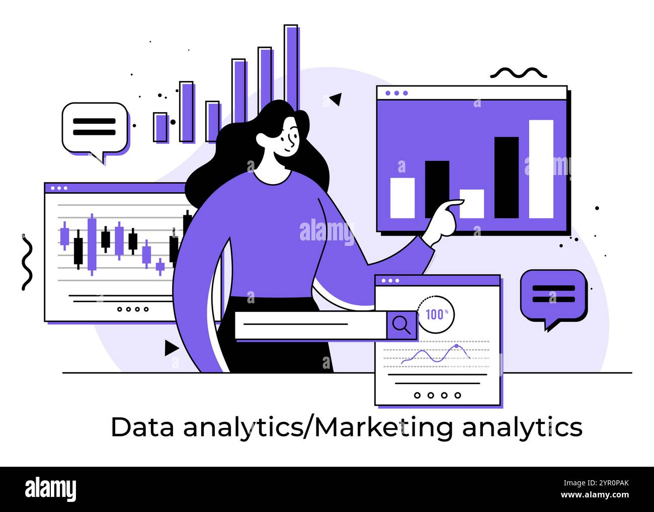 Donna d'affari che analizza i dati di business e marketing, gestione dei dati, ottimizzazione dei motori di ricerca, strategia e analisi aziendali, finanziario aziendale Illustrazione Vettoriale