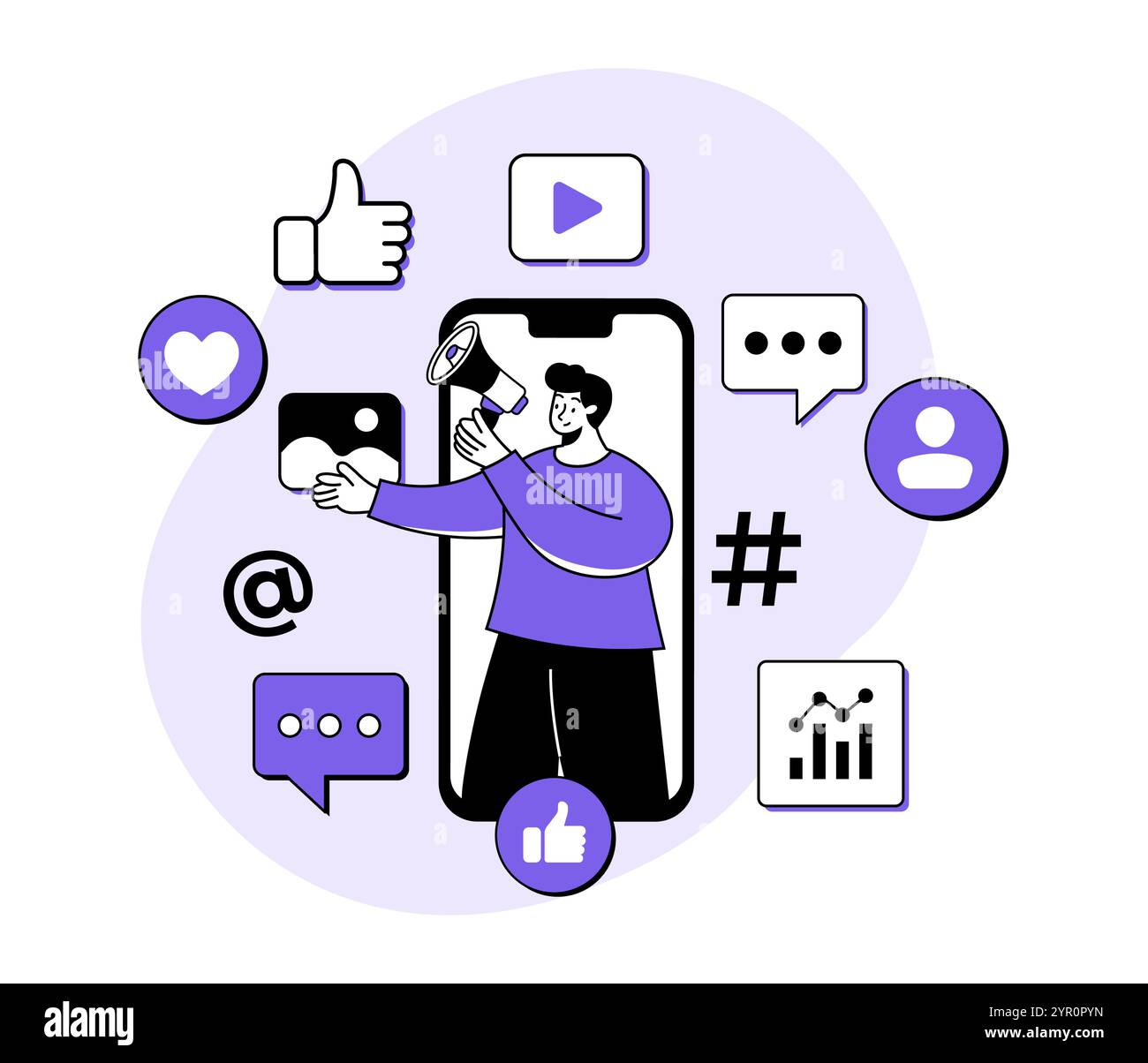 Uomo in piedi sullo schermo dello smartphone con megafono, concetto di social media marketing illustrazione piatta, marketing digitale, e-commerce, Social media campai Illustrazione Vettoriale Uomo in piedi sullo schermo dello smartphone con megafono, concetto di social media marketing illustrazione piatta, marketing digitale, e-commerce, Social media campai Illustrazione Vettoriale