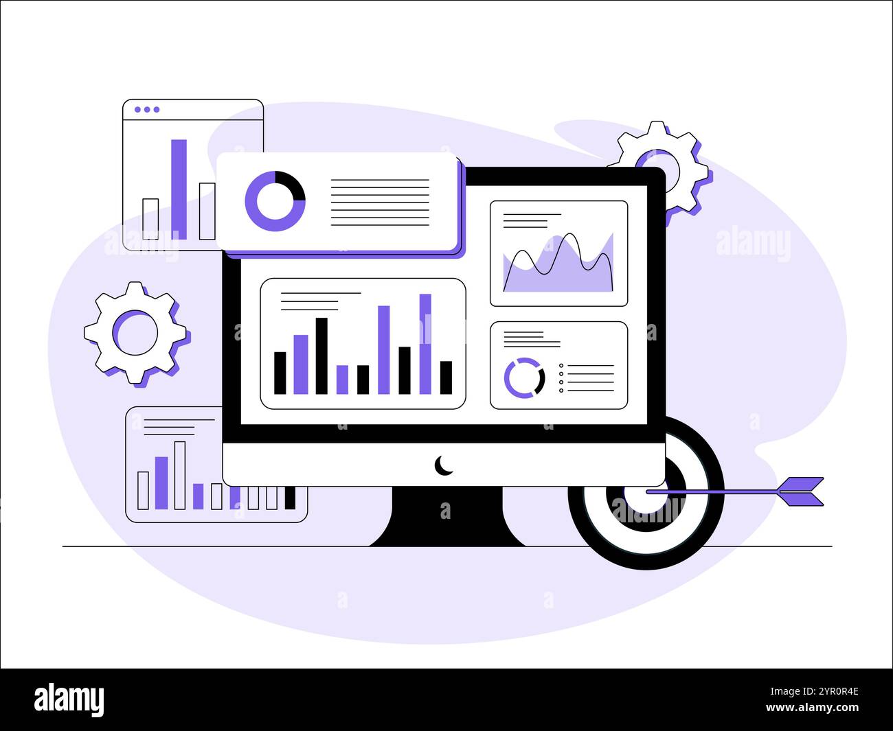 Ottimizzazione dei risultati di ricerca analisi SEO marketing illustrazione vettoriale piatta, prestazioni SEO, targeting e monitoraggio, analisi dei dati, analisi aziendale Illustrazione Vettoriale