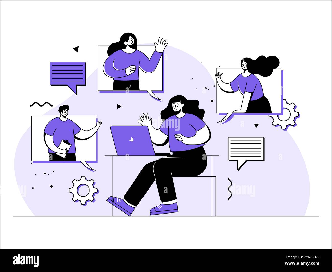 Gli uomini d'affari si incontrano online, i dipendenti di sesso femminile parlano in videochiamata con i colleghi sul laptop a casa, videoconferenza, pensiero del team e brainstorming, Illustrazione Vettoriale Gli uomini d'affari si incontrano online, i dipendenti di sesso femminile parlano in videochiamata con i colleghi sul laptop a casa, videoconferenza, pensiero del team e brainstorming, Illustrazione Vettoriale