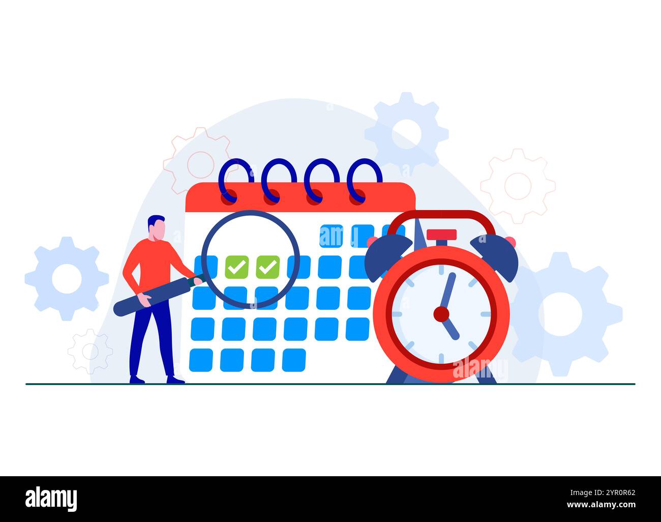 Ottimizzazione della pianificazione e dell'efficienza aziendale: Gestione del tempo aziendale, produttività, illustrazione piatta di un dipendente maschio con calendario e orologio, EF Illustrazione Vettoriale