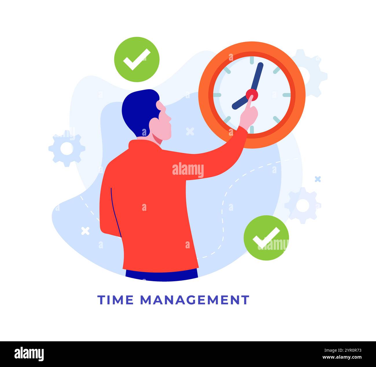 Gestione del tempo, produttività, tempo di lavoro efficiente, pianificazione del flusso di lavoro, giorno di pianificazione, pianificare la gestione, la pianificazione e l'organizzazione delle attività future, F Illustrazione Vettoriale