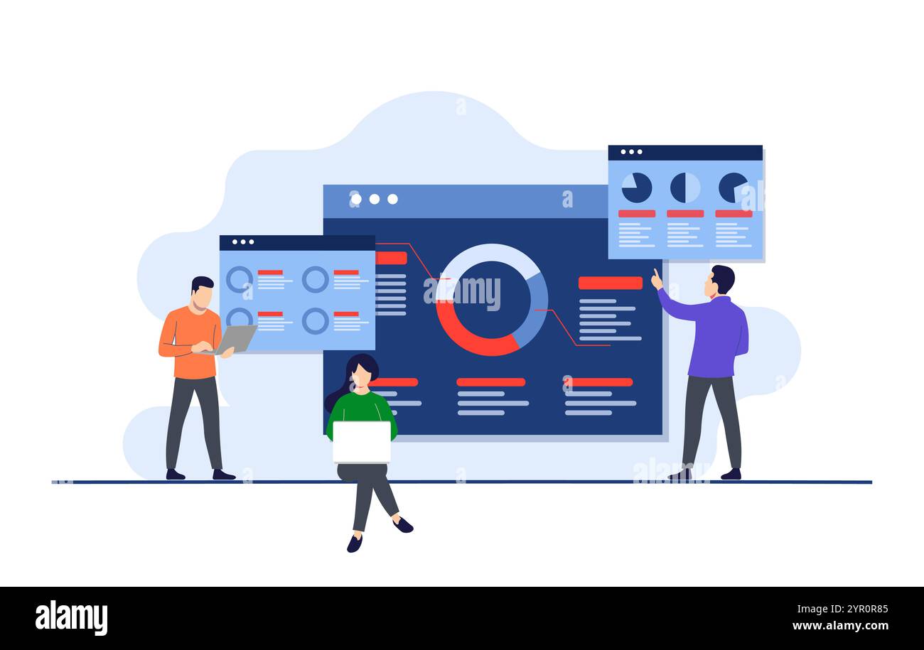 Illustrazione piatta dell'analisi aziendale, sfondo infografico dell'ottimizzazione SEO, persone aziendali che cercano dashboard di analisi seo, report finanziari, Illustrazione Vettoriale