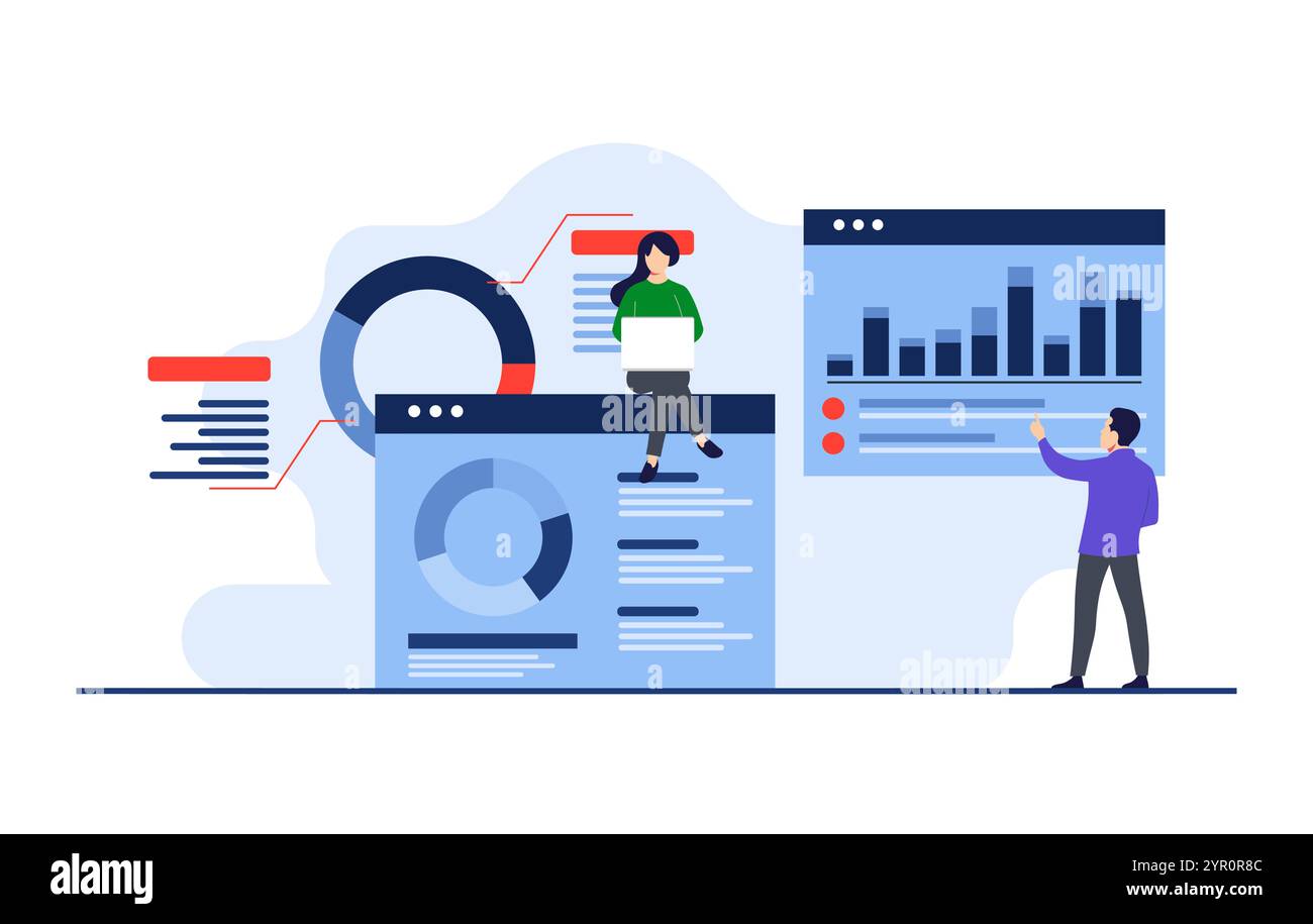 Un team di specialisti che si occupa di dashboard di analisi aziendale, analisi aziendale, ottimizzazione SEO, report finanziari, statistiche, ricerca finanziaria Illustrazione Vettoriale