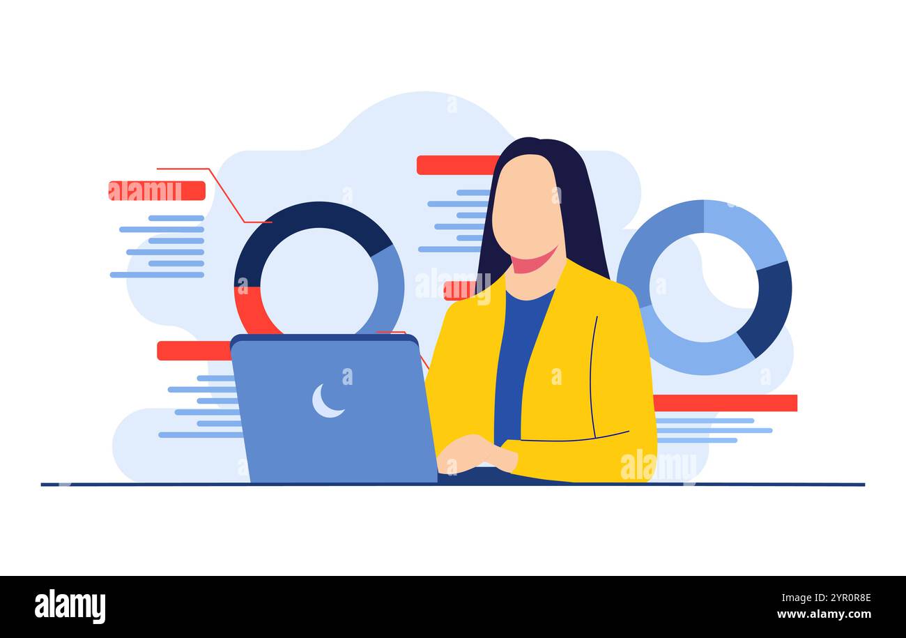 Donna d'affari che analizza dati finanziari, report finanziari, statistiche, ricerca finanziaria, Marketing, analisi del marketing, test dei prodotti, business A. Illustrazione Vettoriale