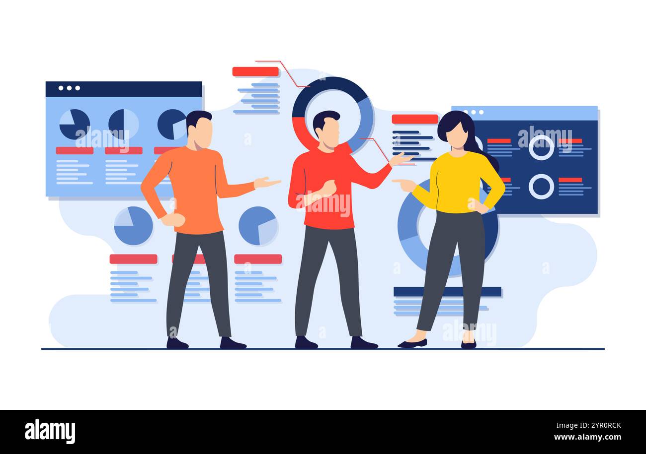 Un team di specialisti che si occupa di dashboard di analisi aziendale, analisi aziendale, ottimizzazione SEO, report finanziari, statistiche, ricerca finanziaria Illustrazione Vettoriale