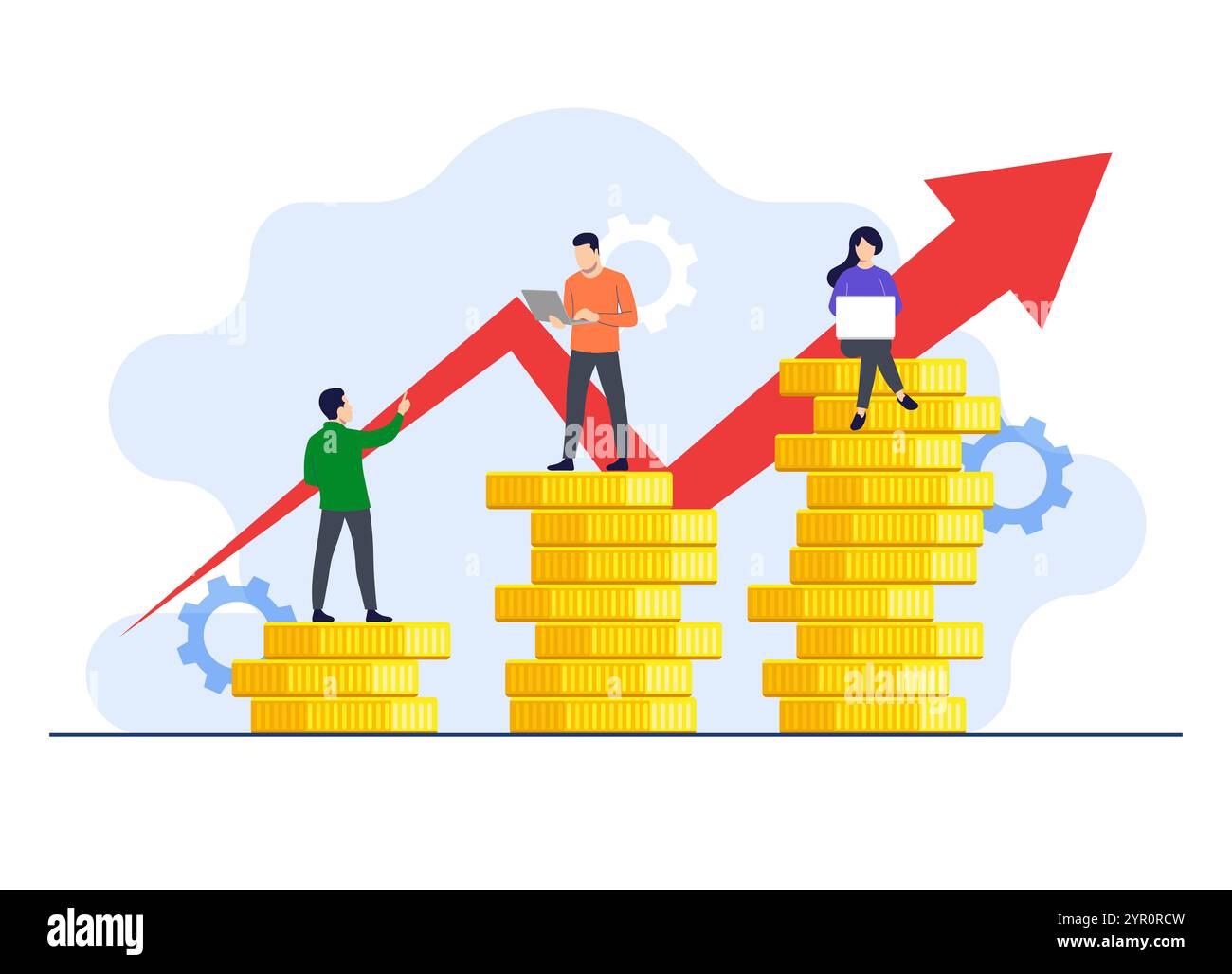 Illustrazione vettoriale della crescita finanziaria piatta, guadagno di persone di successo, finanza aziendale, risparmio di denaro, investimenti, Illustrazione Vettoriale
