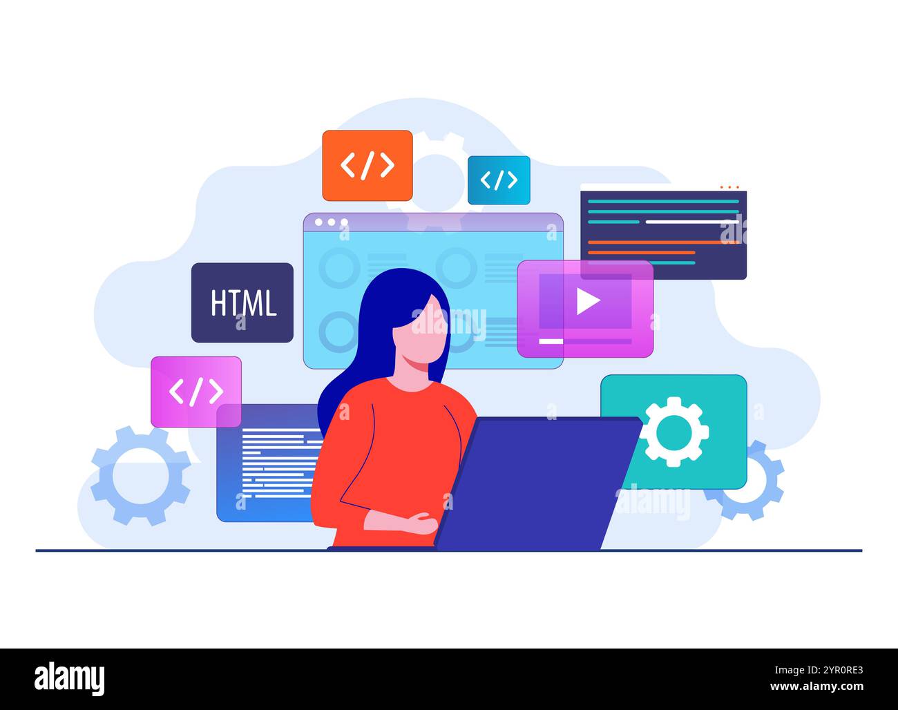 Donna che lavora come programmatore, scrive codice utilizzando un laptop, sviluppatore di siti Web, codifica di elementi software su sfondo modello vettoriale di illustrazione piatta Illustrazione Vettoriale