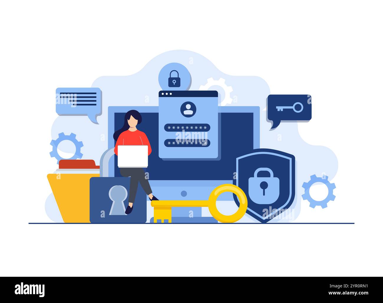 Cyber Security, sicurezza dei dati personali, protezione con password, sicurezza Internet o riservatezza delle informazioni concetto di illustrazione piatta per landing page, mob Illustrazione Vettoriale
