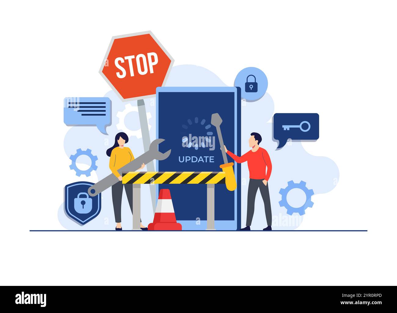 Manutenzione del sistema, errore, risoluzione dei problemi, aggiornamento del dispositivo, illustrazione del vettore del sistema software in manutenzione, processo di aggiornamento del software su smartph Illustrazione Vettoriale Manutenzione del sistema, errore, risoluzione dei problemi, aggiornamento del dispositivo, illustrazione del vettore del sistema software in manutenzione, processo di aggiornamento del software su smartph Illustrazione Vettoriale