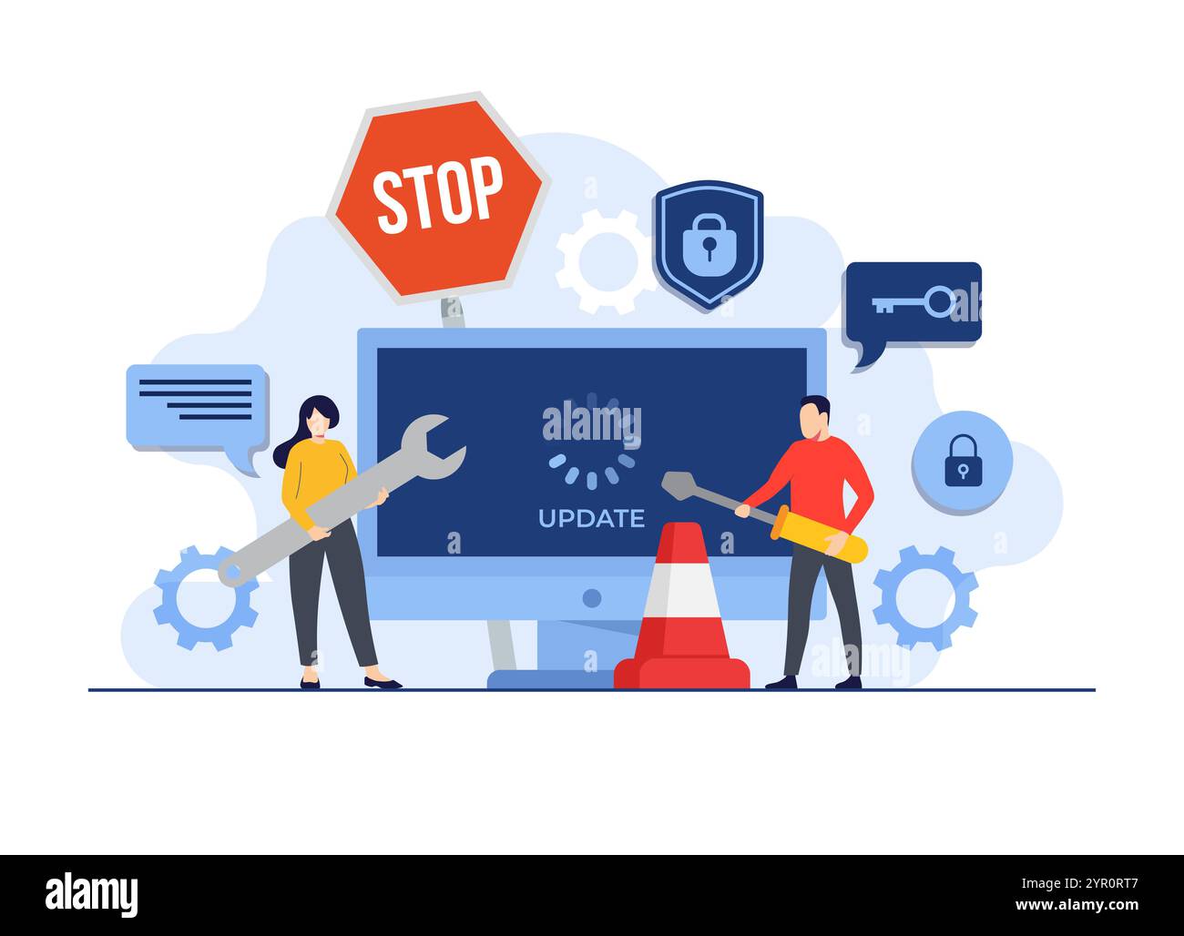 Manutenzione del sistema, errore, risoluzione dei problemi, aggiornamento del dispositivo, illustrazione del vettore del sistema software in manutenzione, processo di aggiornamento del software su compuer Illustrazione Vettoriale Manutenzione del sistema, errore, risoluzione dei problemi, aggiornamento del dispositivo, illustrazione del vettore del sistema software in manutenzione, processo di aggiornamento del software su compuer Illustrazione Vettoriale