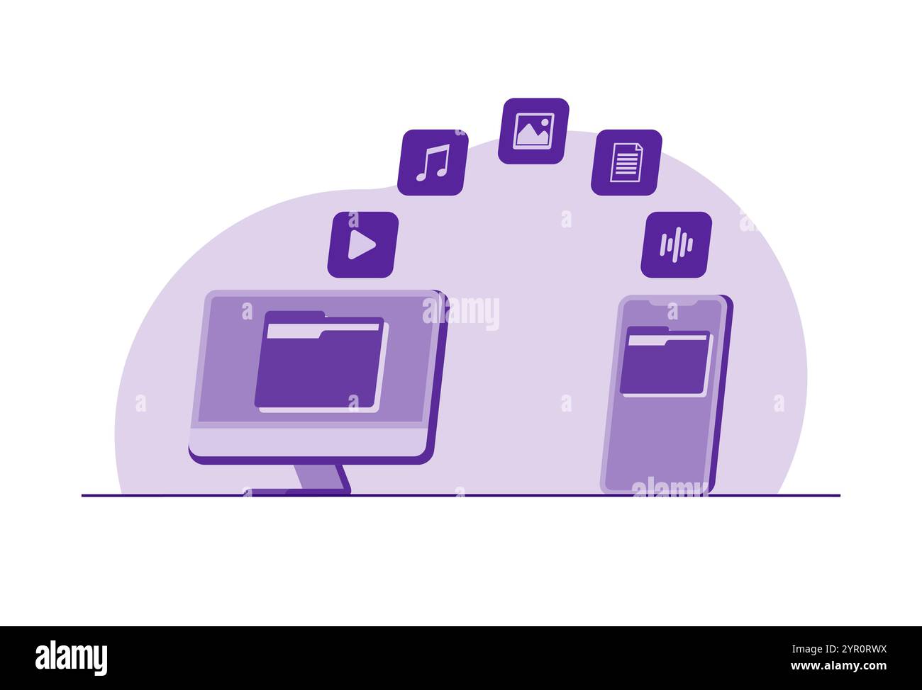 Concetto di trasferimento di file, dati di backup, trasferimento di dati tra computer e smartphone, salvataggio di documenti su storage, tecnologia cloud, caricamento di file e non attivo Illustrazione Vettoriale Concetto di trasferimento di file, dati di backup, trasferimento di dati tra computer e smartphone, salvataggio di documenti su storage, tecnologia cloud, caricamento di file e non attivo Illustrazione Vettoriale