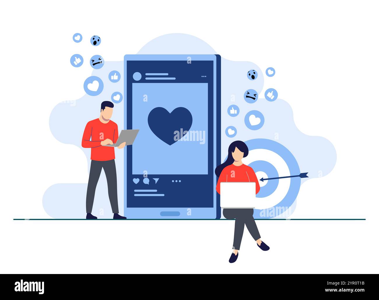 Illustrazione vettoriale del concetto di social media marketing per landing page, banner Web, applicazione mobile, banner, strategia per i contenuti aziendali, web desig Illustrazione Vettoriale