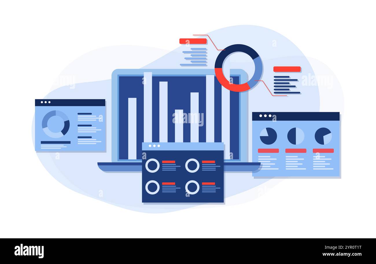 Illustrazioni piatte di Business Analytics, report finanziari, statistiche, finanziario, ricerca, pianificazione, Gestione, analisi SEO marketing, analisi, da Illustrazione Vettoriale