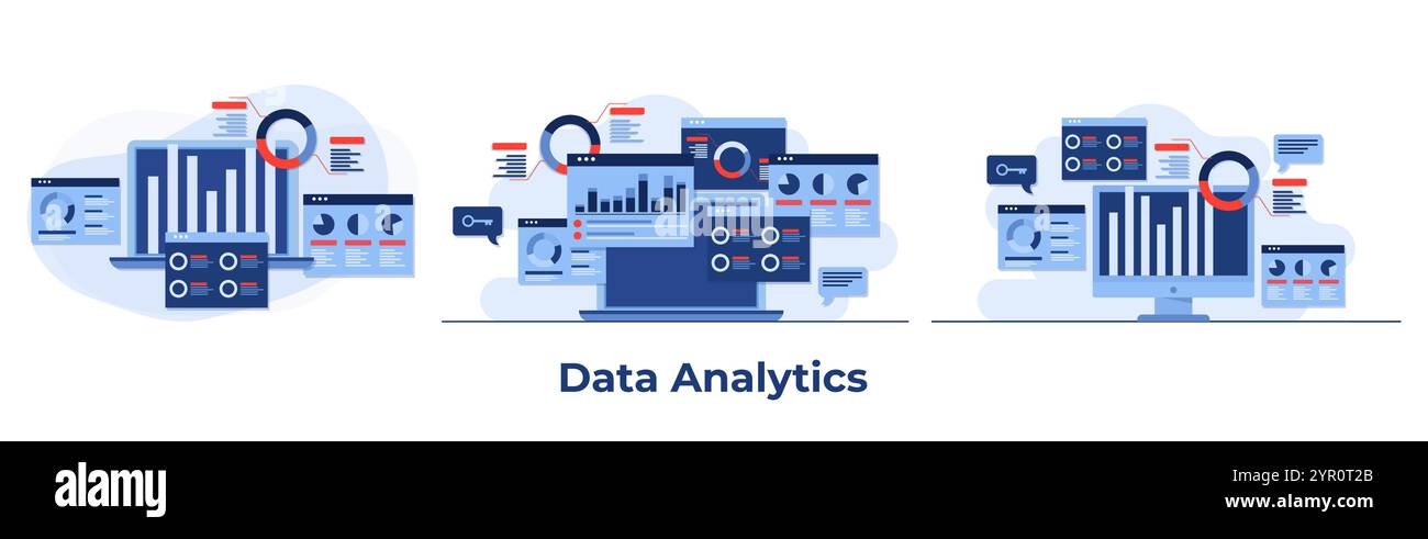 Set di illustrazioni piatte di analisi aziendale, report finanziari, statistiche, finanziarie, ricerca, pianificazione, Gestione, analisi SEO marketing, Analyz Illustrazione Vettoriale