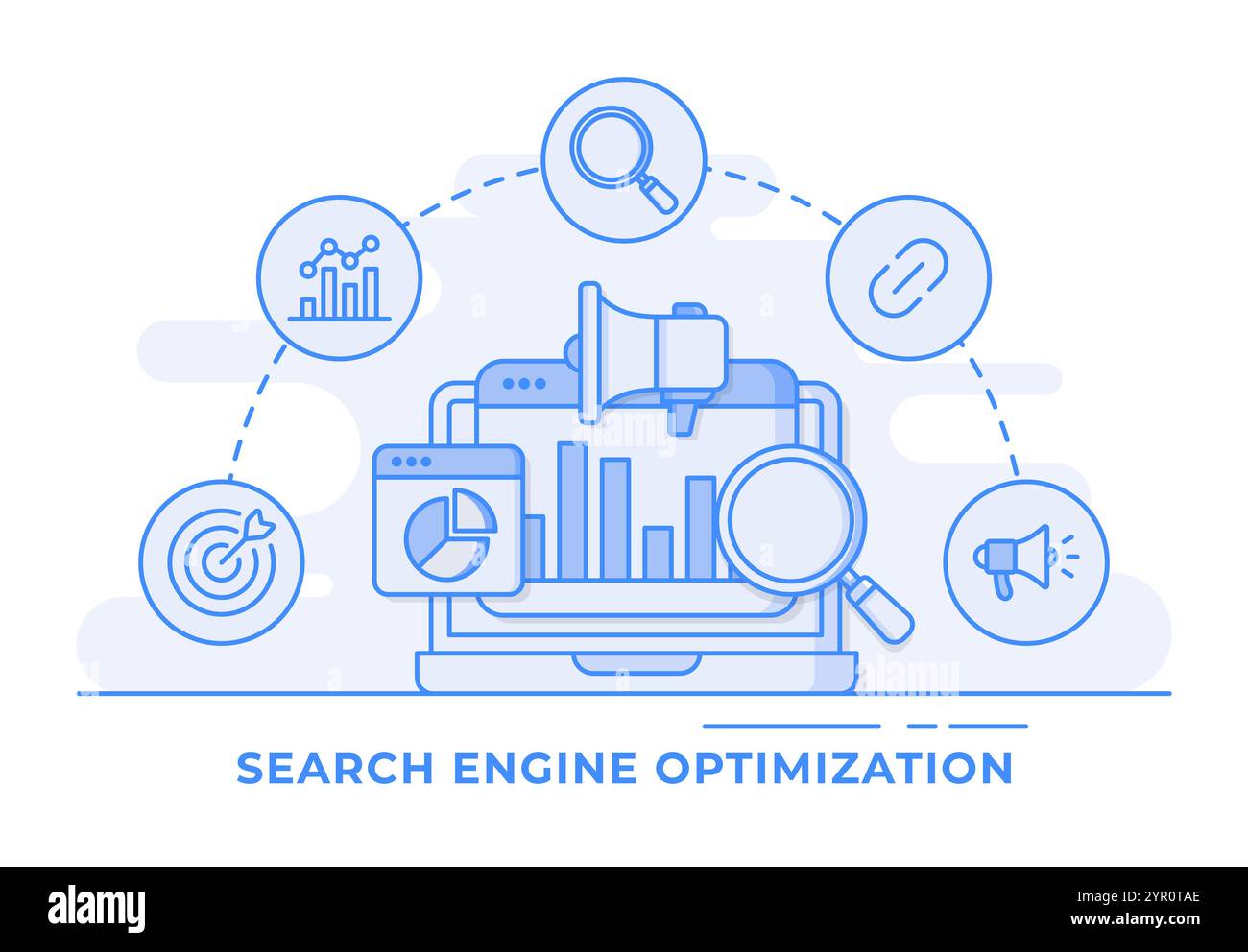 Background infografico dell'ottimizzazione dei motori di ricerca SEO, prestazioni SEO, targeting e monitoraggio, concetto di analisi SEO marketing per landing page, Illustrazione Vettoriale