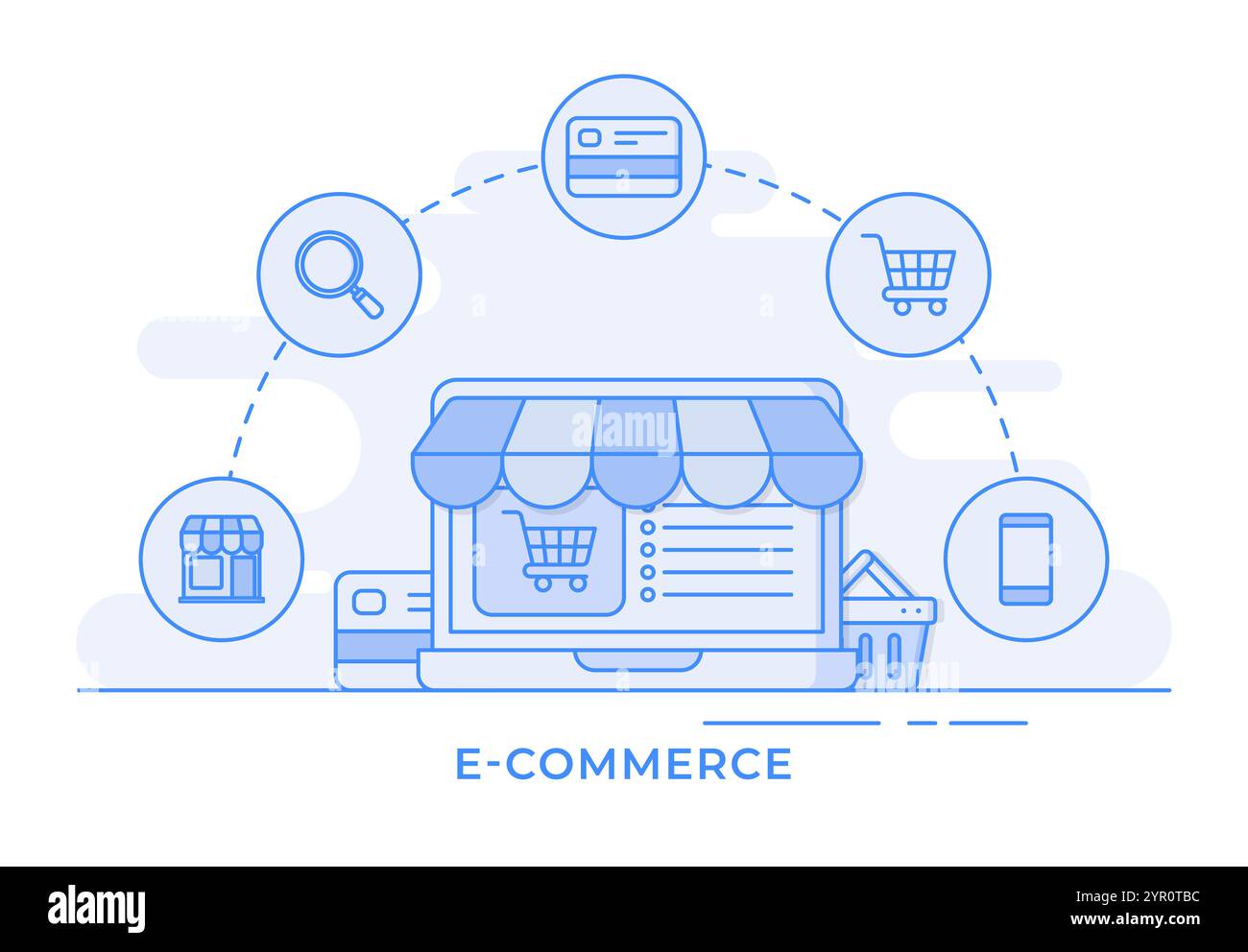 Concetto di shopping online, illustrazione flat line e-commerce concetto infografico per landing page, banner Web, applicazione mobile, progettazione Web, presentazione Illustrazione Vettoriale Concetto di shopping online, illustrazione flat line e-commerce concetto infografico per landing page, banner Web, applicazione mobile, progettazione Web, presentazione Illustrazione Vettoriale