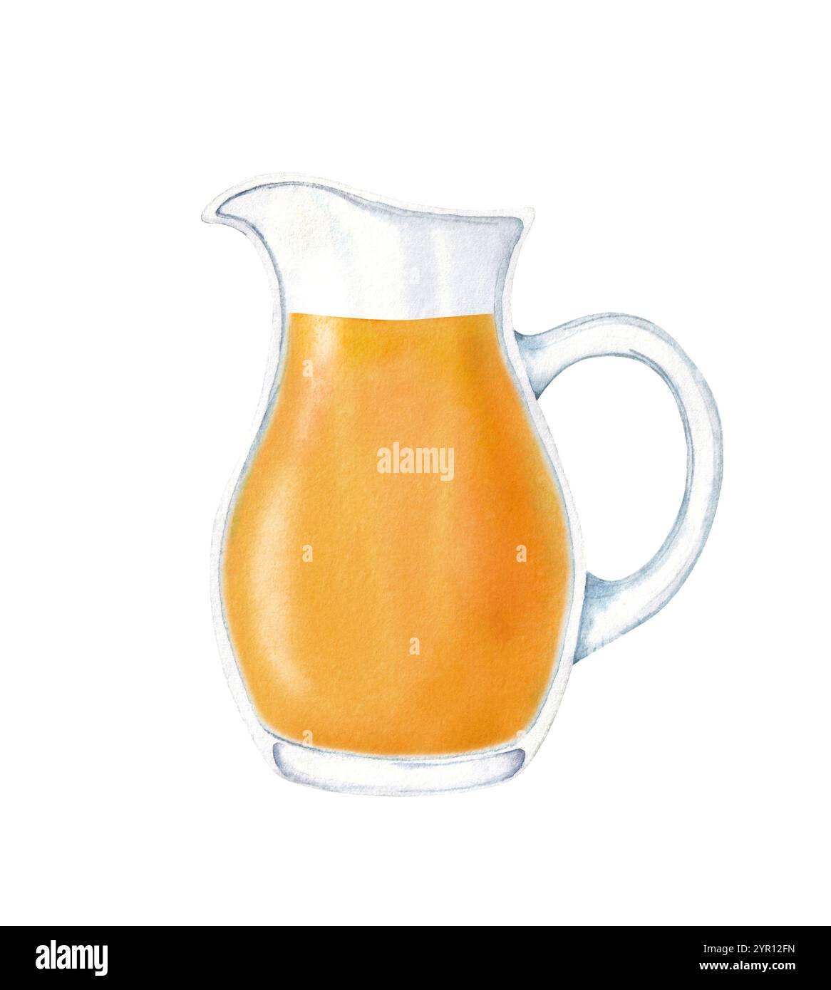 Succo d'arancia in caraffa di vetro trasparente. Illustrazione disegnata a mano con acquerello, isolata su sfondo bianco Foto Stock