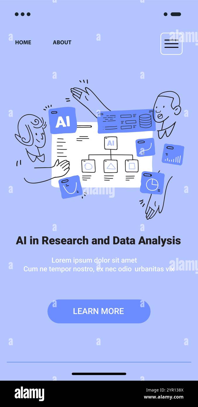 Concetto di analisi dei dati di ricerca IA con persone che interagiscono intorno al diagramma di flusso e alle icone sfondo blu schermata dell'app mobile minimalista Illustrazione Vettoriale