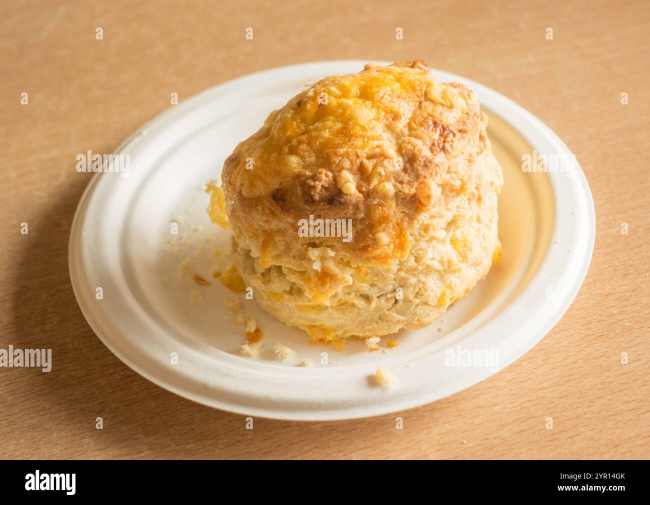Uno scone al formaggio su un piatto di carta bianca Foto Stock