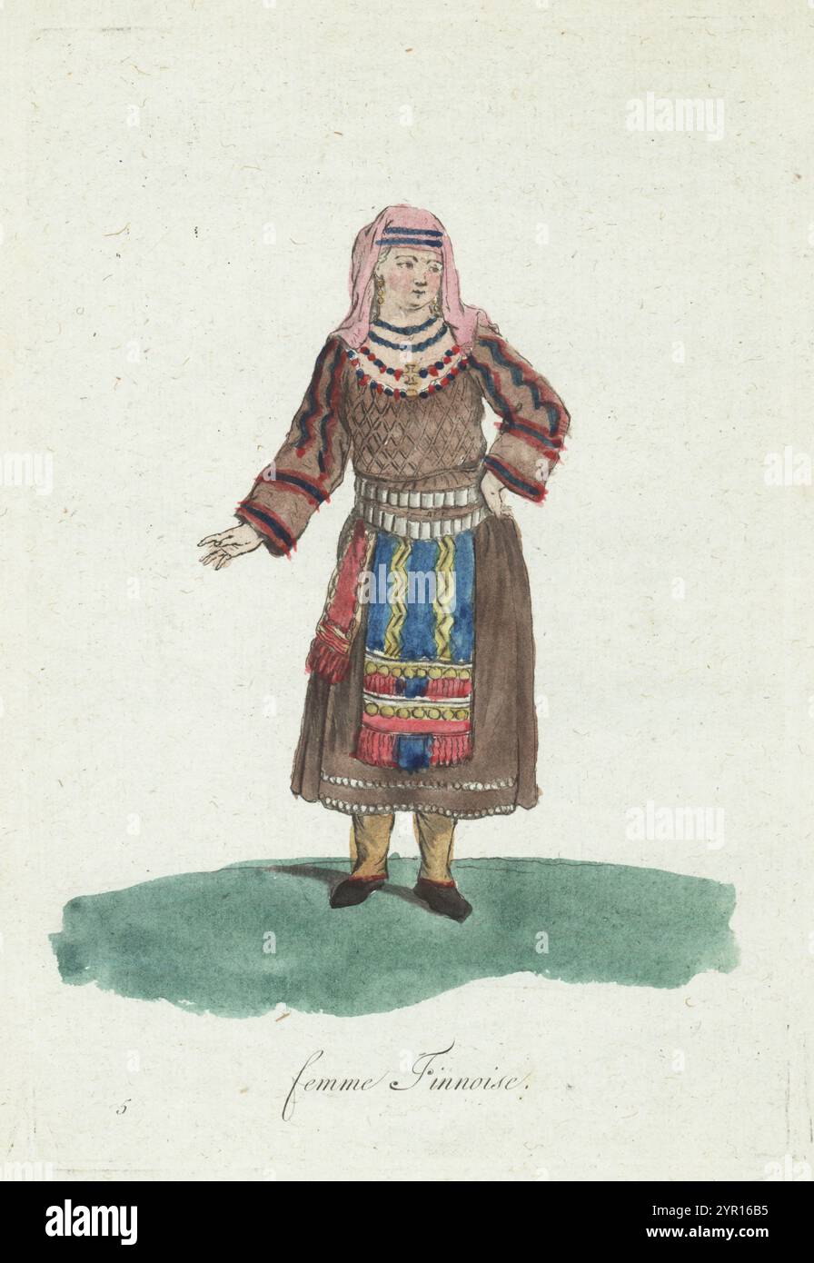 Costume da festa di una contadina finlandese, XVIII secolo. Indossa un abito di valmaro grezzo, grembiule dipinto e ricamato, sciarpa di lino e cintura, collane di perle di vetro. Femme Finnoise. Incisione su lastra di rame colorata a mano dopo un'illustrazione di Jacques Grasset de Saint-Sauveur dai costumi civici di Sylvain Marechal actuels de tous les peuples connus, dessines d'apres nature, costumi civili attuali di tutti i popoli conosciuti, tratti dalla natura, Chez Pavard, Parigi, 1788. Foto Stock