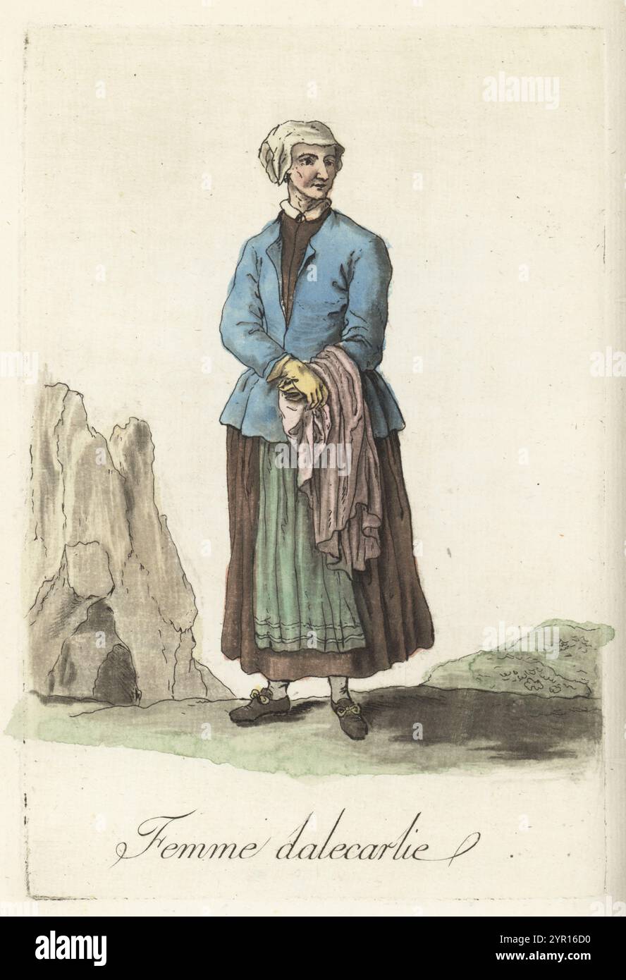 Donna dalecarliana di Dalarna, Svezia. Nel cofano, giacca su un abito marrone e camicetta, grembiule, fibbia scarpe, tenendo in mano uno scialle. Femme Dalecarlie. Incisione su lastra di rame colorata a mano dopo un'illustrazione di Jacques Grasset de Saint-Sauveur dai costumi civici di Sylvain Marechal actuels de tous les peuples connus, dessines d'apres nature, costumi civili attuali di tutti i popoli conosciuti, tratti dalla natura, Chez Pavard, Parigi, 1788. Foto Stock