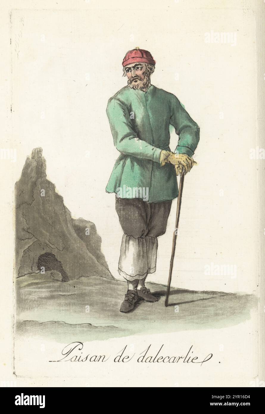 Contadino dalecarliano di Dalarna, Svezia. In berretto, giacca, bretelle e ghette, scarpe con fibbia, guanti, tenendo un bastone. Paisan de Dalecarlie. Incisione su lastra di rame colorata a mano dopo un'illustrazione di Jacques Grasset de Saint-Sauveur dai costumi civici di Sylvain Marechal actuels de tous les peuples connus, dessines d'apres nature, costumi civili attuali di tutti i popoli conosciuti, tratti dalla natura, Chez Pavard, Parigi, 1788. Foto Stock