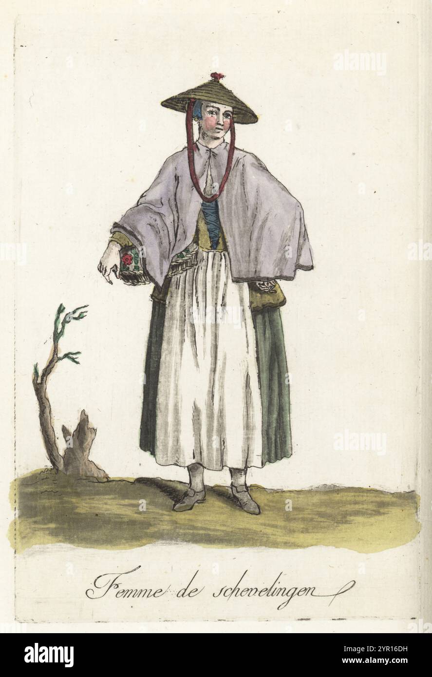 Costume di una donna di Scheveningen, Olanda. In cappello conico di paglia con nastro, cappellino, corpetto allacciato, gonne e grembiule, fibbia scarpe. Femme de Schevelingen. Incisione su lastra di rame colorata a mano dopo un'illustrazione di Jacques Grasset de Saint-Sauveur dai costumi civici di Sylvain Marechal actuels de tous les peuples connus, dessines d'apres nature, costumi civili attuali di tutti i popoli conosciuti, tratti dalla natura, Chez Pavard, Parigi, 1788. Foto Stock