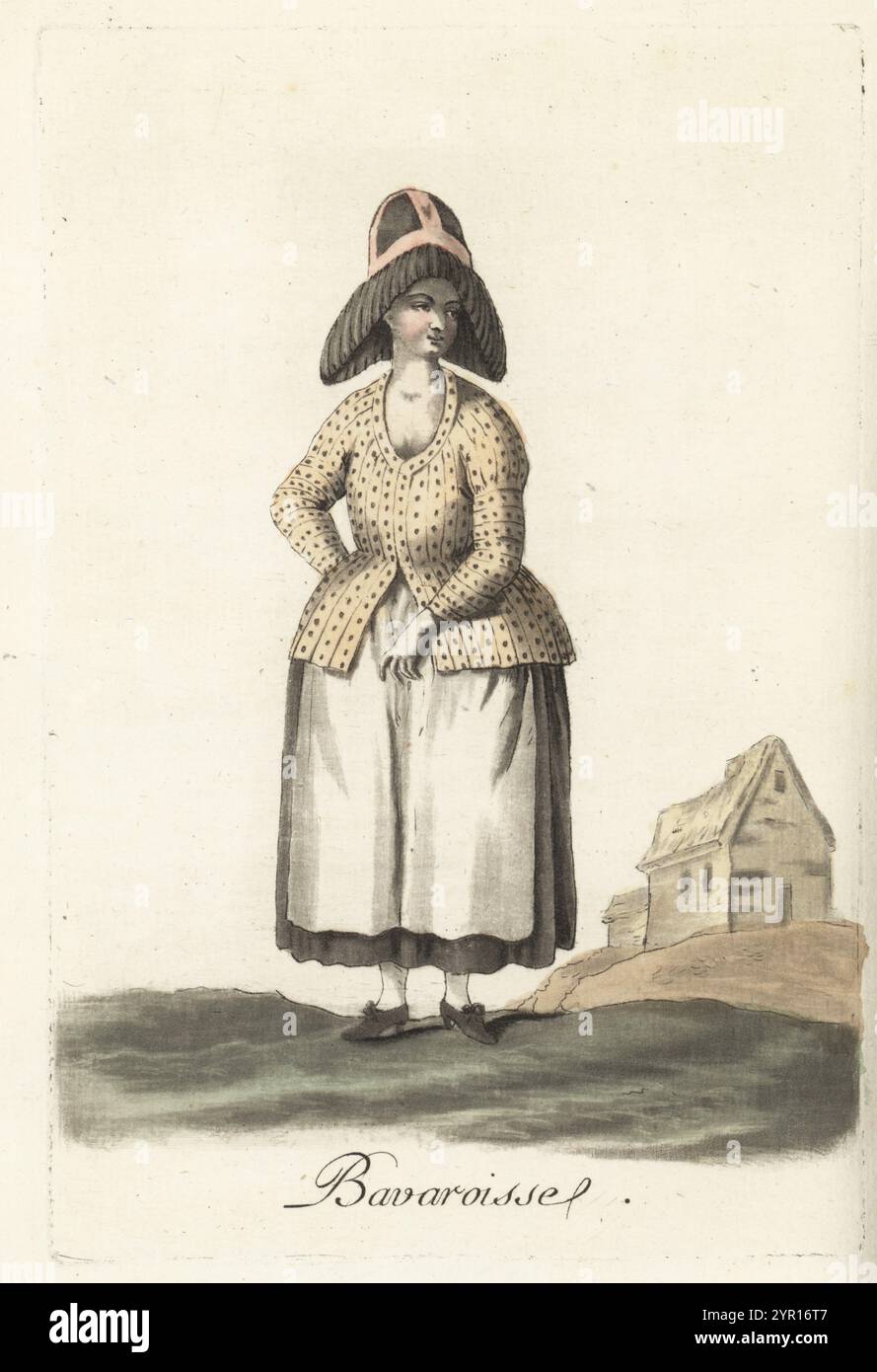 Costume di donna bavarese, Germania. Cofano alto con ampio bordo a pieghe, corpetto trapuntato, gonne complete, grembiule e scarpe con fibbia. Bavaroisse. Incisione su lastra di rame colorata a mano dopo un'illustrazione di Jacques Grasset de Saint-Sauveur dai costumi civici di Sylvain Marechal actuels de tous les peuples connus, dessines d'apres nature, costumi civili attuali di tutti i popoli conosciuti, tratti dalla natura, Chez Pavard, Parigi, 1788. Foto Stock