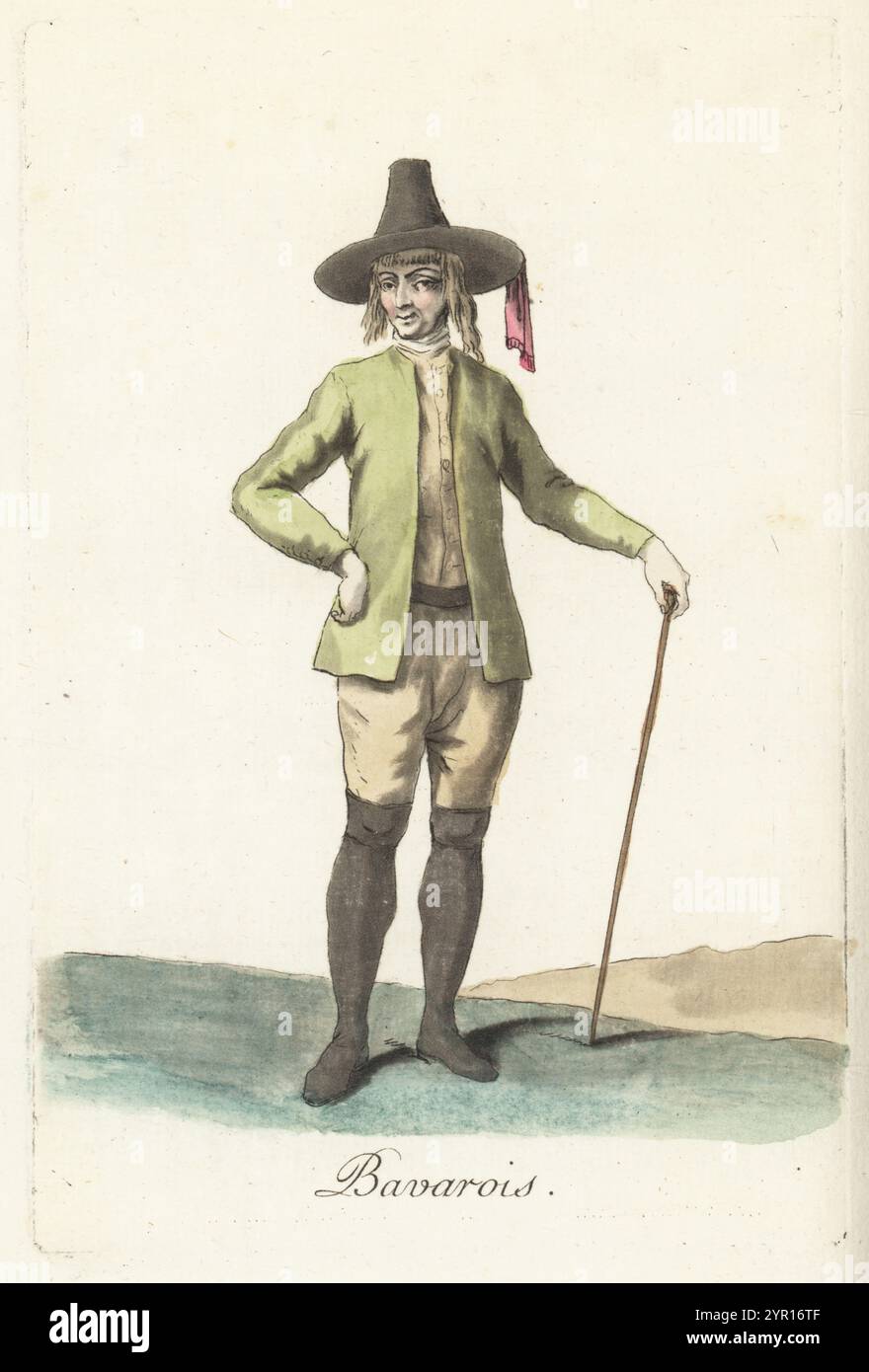 Costume dell'uomo bavarese. Indossa un cappello conico con bordo largo e nastro, giacca e gilet senza colletto, bretelle, stivali e regge un bastone. Bavarois. Incisione su lastra di rame colorata a mano dopo un'illustrazione di Jacques Grasset de Saint-Sauveur dai costumi civici di Sylvain Marechal actuels de tous les peuples connus, dessines d'apres nature, costumi civili attuali di tutti i popoli conosciuti, tratti dalla natura, Chez Pavard, Parigi, 1788. Foto Stock