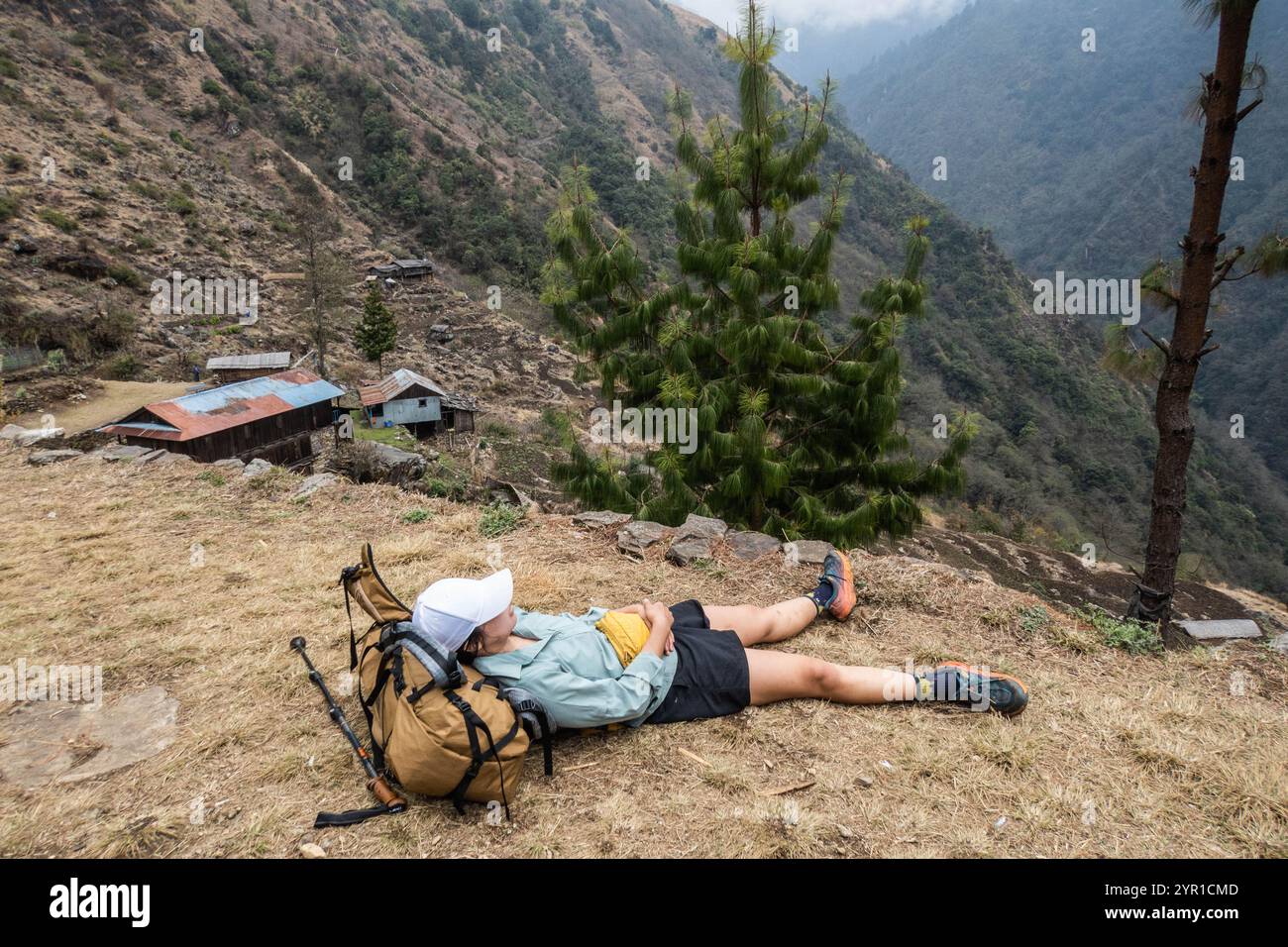 Pausa da tè sul trekking Kangchenjunga (Kanchenjunga), Ghunsa, Nepal Foto Stock