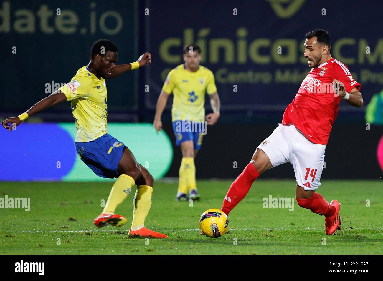 Arouca, Portogallo. 1 dicembre 2024. Arouca, 01/12/2024 - il Futebol Clube de Arouca ha ospitato questa sera lo Sport Lisboa e Benfica allo Stadio Comunale di Arouca, in una partita per il dodicesimo round della i Liga 2024/25. Mamadou Loum ; Vangelis Pavlidis (Tony Dias) crediti: Atlantico Presse Lda/Alamy Live News Foto Stock