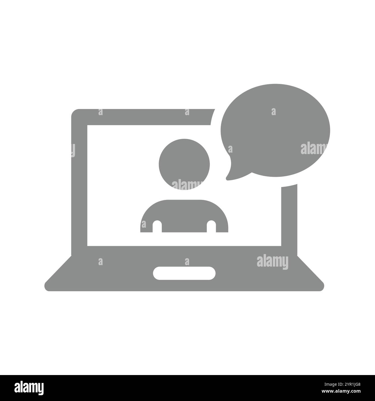 Corsi di formazione e formazione online. Persona con laptop e icona del vettore di bolle di chat. Illustrazione Vettoriale