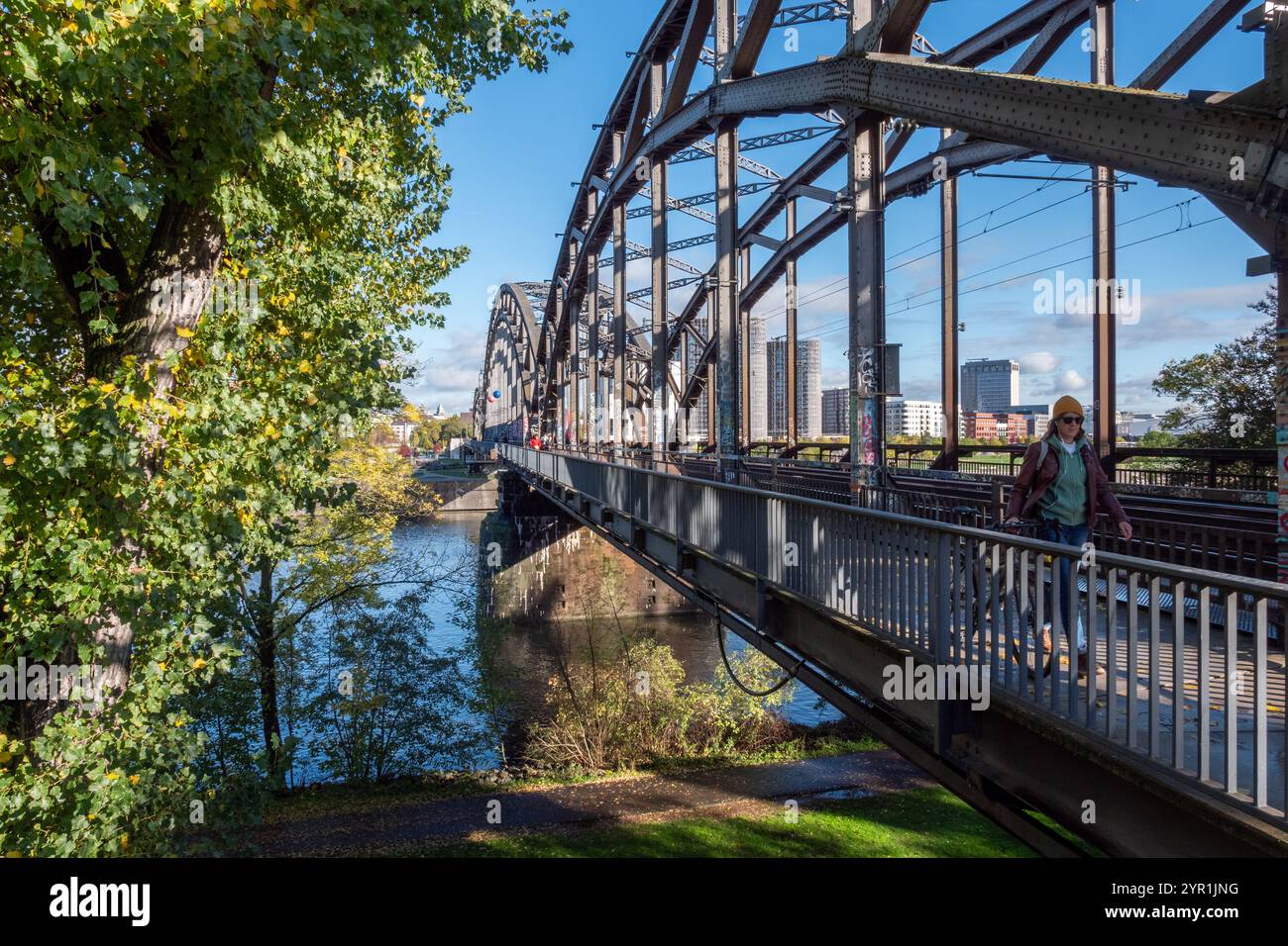 Ponte ferroviario e pedonale sul meno, che conduce alla stazione est di Francoforte Foto Stock