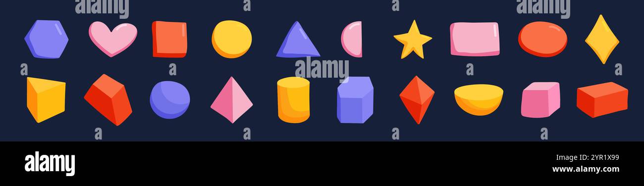 Forme geometriche colorate come quadrati, cerchi e triangoli per l'apprendimento. Illustrazione Vettoriale