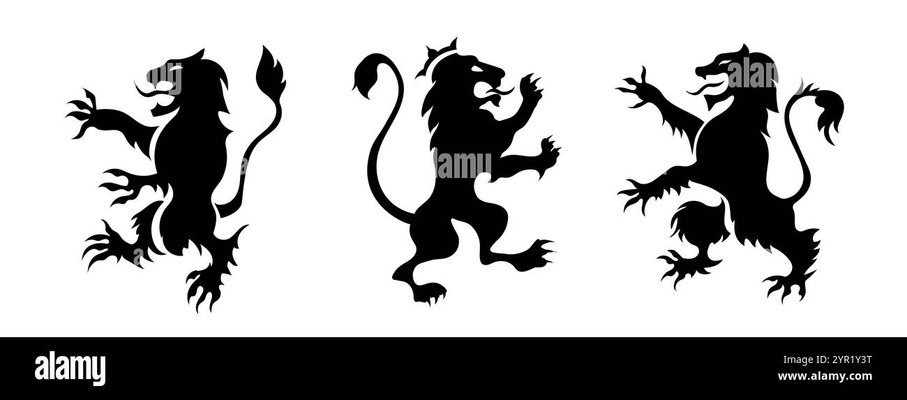 Icona araldica del leone nero per disegni reali e medievali. Illustrazione Vettoriale