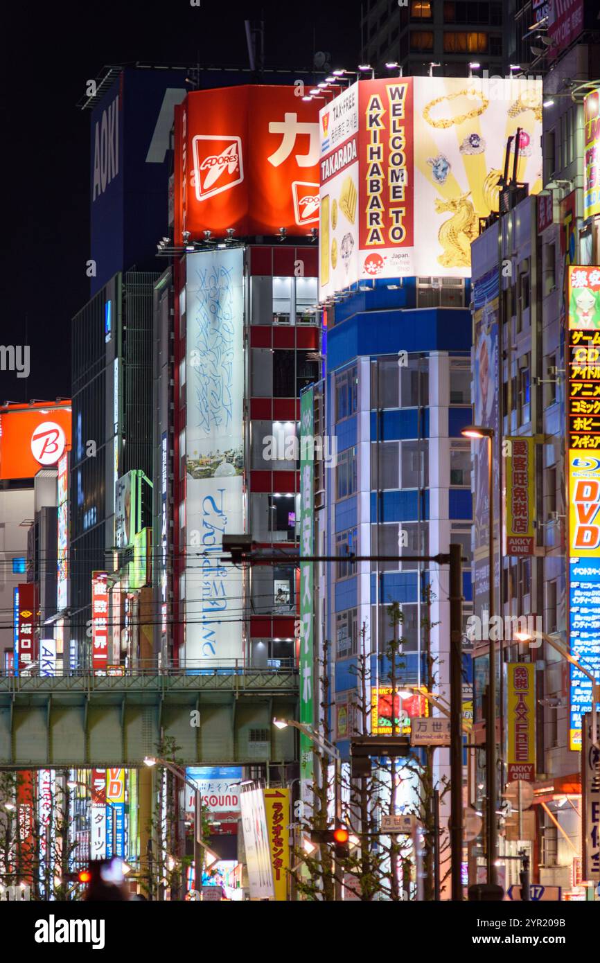 Pubblicità luci al neon della città elettrica di Akihabara, Akihabara Denki GAI, quartiere dello shopping per videogiochi, anime, manga e prodotti per computer in c Foto Stock