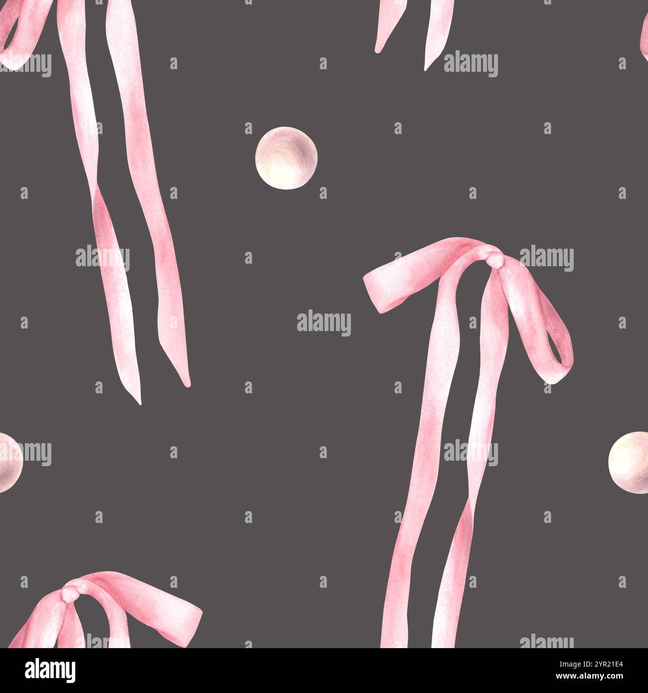Fiocco in seta rosa con motivo senza cuciture perle di rose. Nastro per capelli carini in acquerello, tessuto da ragazza in stile coquette. Acconciature confezione di prodotti regalo, carta da parati Foto Stock