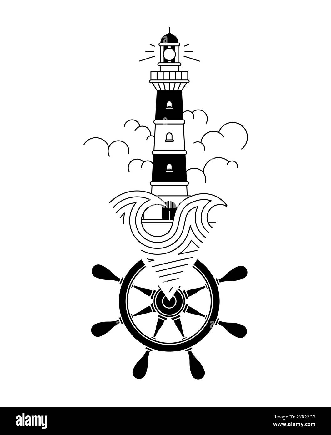 Faro tatuaggio isolato. Un punto di riferimento per la navigazione utilizzato per marcare le coste. Il concetto di tatuaggio simboleggia la speranza per il meglio, il desiderio di trovare la giusta strada in LIF Illustrazione Vettoriale