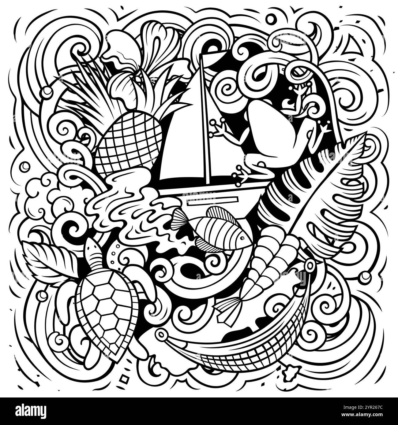 Illustrazione di doodle a cartoni animati di Porto Rico. Divertente design portoricano. Sfondo vettoriale con elementi e oggetti dei paesi caraibici. Composizione di schizzo Illustrazione Vettoriale