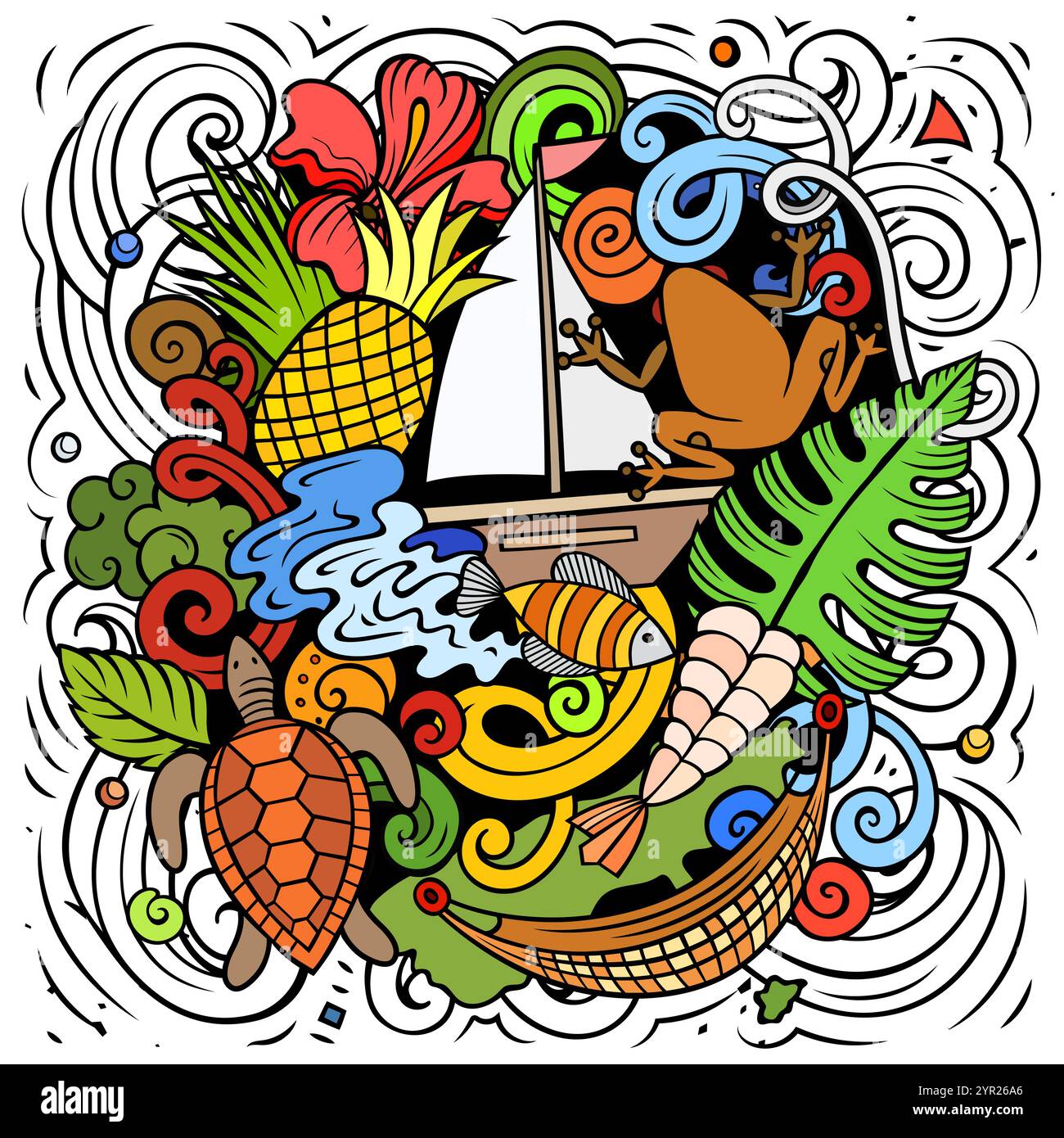 Illustrazione di doodle a cartoni animati di Porto Rico. Divertente design portoricano. Sfondo vettoriale con elementi e oggetti dei paesi caraibici. Composizione colorata Illustrazione Vettoriale