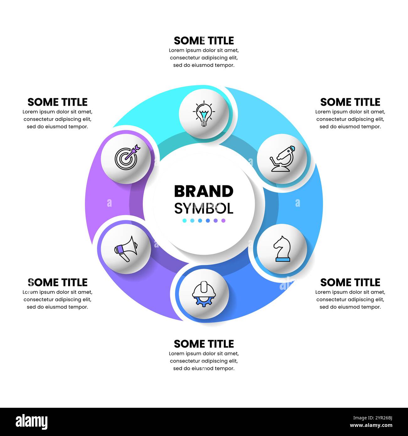 Modello infografico con icone e 6 opzioni o passaggi. Cerchio. Può essere utilizzato per il layout del flusso di lavoro, il diagramma, il banner, il webdesign. Illustrazione vettoriale Illustrazione Vettoriale