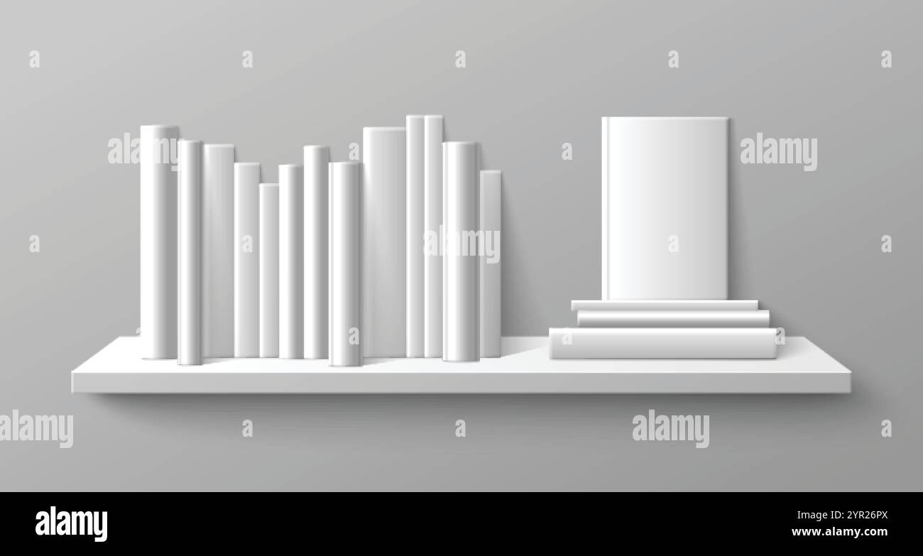 Modello Bookshelf isolato su sfondo grigio. Illustrazione vettoriale realistica di libri vuoti con copertine bianche su scaffale a parete, biblioteca o negozio di letteratura Illustrazione Vettoriale